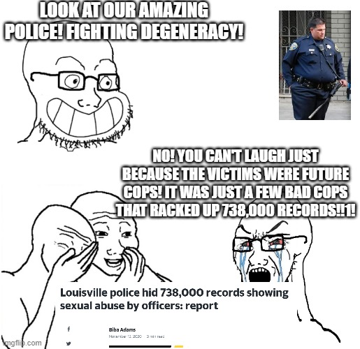 LOOK AT OUR AMAZING POLICE! FIGHTING DEGENERACY! NO! YOU CAN'T LAUGH JUST BECAUSE THE VICTIMS WERE FUTURE COPS! IT WAS JUST A FEW BAD COPS THAT RACKED UP 738,000 RECORDS!!1! | image tagged in police,blacklivesmatter | made w/ Imgflip meme maker