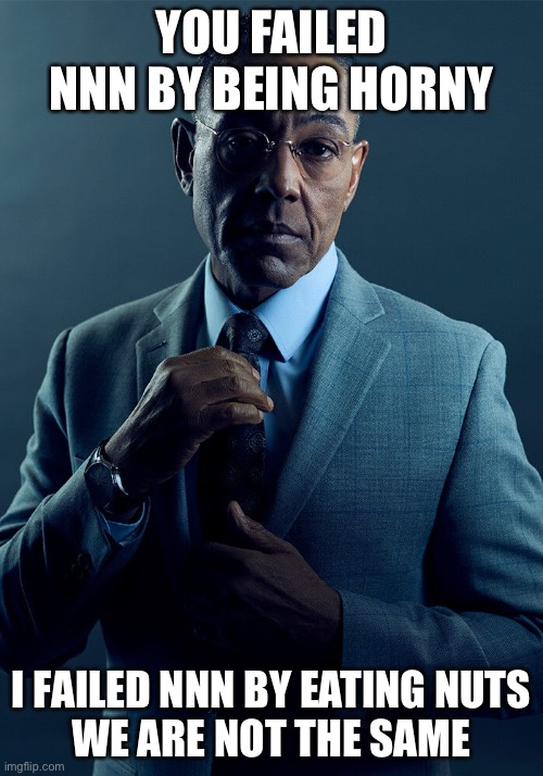 Gus Fring we are not the same | YOU FAILED NNN BY BEING HORNY; I FAILED NNN BY EATING NUTS
WE ARE NOT THE SAME | image tagged in gus fring we are not the same | made w/ Imgflip meme maker
