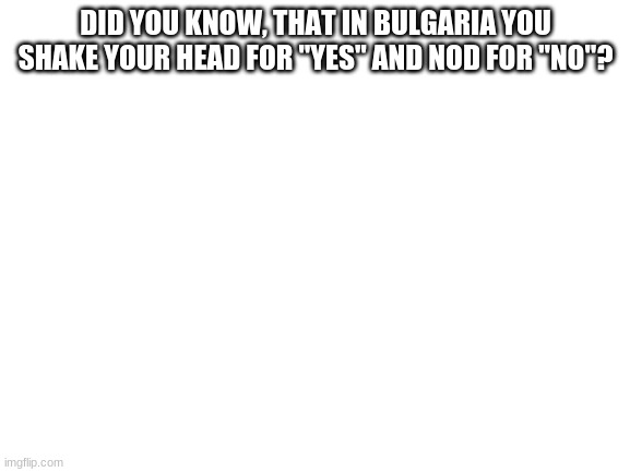 Blank White Template | DID YOU KNOW, THAT IN BULGARIA YOU SHAKE YOUR HEAD FOR "YES" AND NOD FOR "NO"? | image tagged in blank white template | made w/ Imgflip meme maker