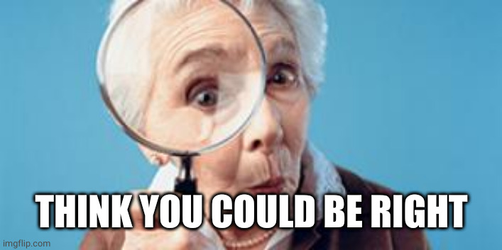 Old lady magnifying glass | THINK YOU COULD BE RIGHT | image tagged in old lady magnifying glass | made w/ Imgflip meme maker