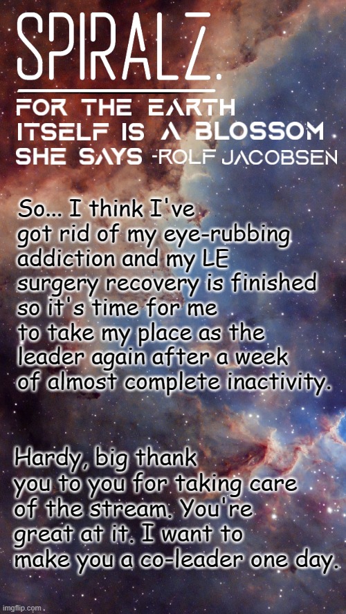 So... I think I've got rid of my eye-rubbing addiction and my LE surgery recovery is finished so it's time for me to take my place as the leader again after a week of almost complete inactivity. Hardy, big thank you to you for taking care of the stream. You're great at it. I want to make you a co-leader one day. | image tagged in spiralz space template | made w/ Imgflip meme maker