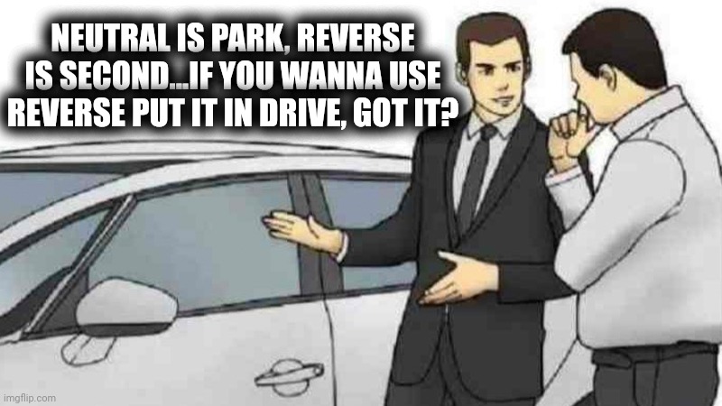 Sold | NEUTRAL IS PARK, REVERSE IS SECOND...IF YOU WANNA USE REVERSE PUT IT IN DRIVE, GOT IT? | image tagged in memes,car salesman slaps roof of car | made w/ Imgflip meme maker
