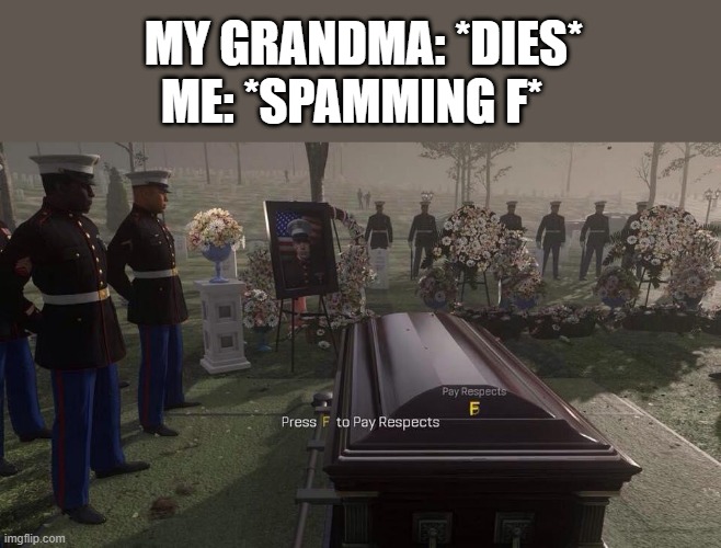 Its a long way to go to this meme | MY GRANDMA: *DIES*; ME: *SPAMMING F* | image tagged in press f to pay respects | made w/ Imgflip meme maker