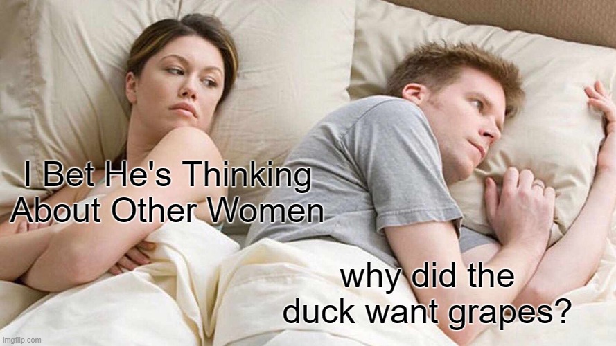 A duck walked up to a lemonade stand And he said to the man, running the stand "Hey! (Bum bum bum) Got any grapes?" | I Bet He's Thinking About Other Women; why did the duck want grapes? | image tagged in memes,i bet he's thinking about other women | made w/ Imgflip meme maker