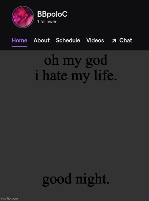 Twitch template | oh my god i hate my life. good night. | image tagged in twitch template | made w/ Imgflip meme maker