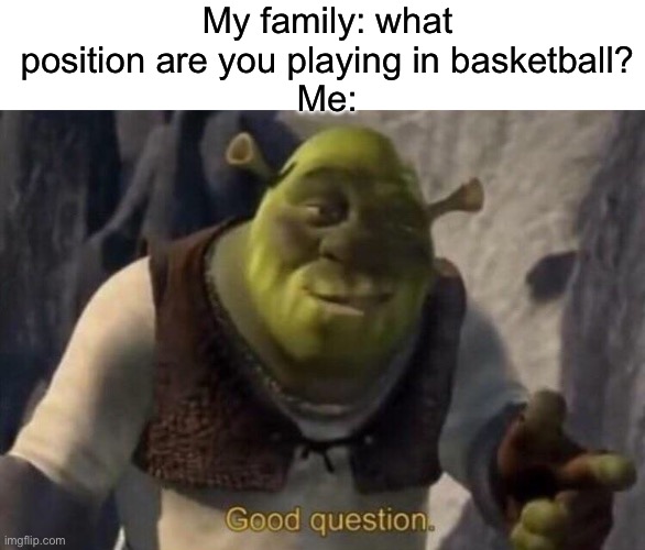 Shrek good question | My family: what position are you playing in basketball?
Me: | image tagged in shrek good question | made w/ Imgflip meme maker