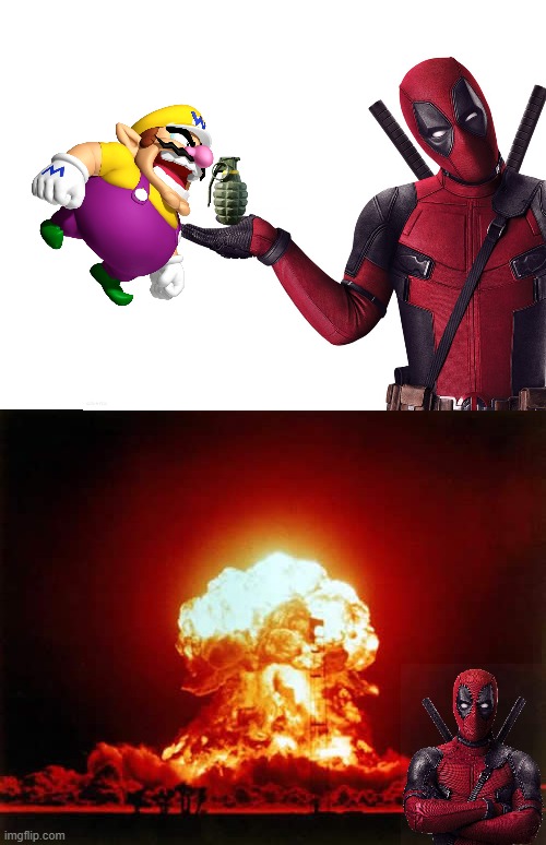 wario dies after eating Deadpool's grenade | image tagged in blank white template,memes,nuclear explosion | made w/ Imgflip meme maker