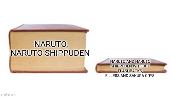Big book small book | NARUTO, NARUTO SHIPPUDEN; NARUTO AND NARUTO SHIPPUDEN WITHOUT FLASHBACKS, FILLERS AND SAKURA CRYS | image tagged in big book small book,funny memes | made w/ Imgflip meme maker