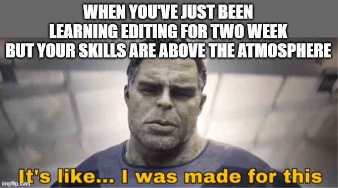 It's like I was made for this | WHEN YOU'VE JUST BEEN LEARNING EDITING FOR TWO WEEK
BUT YOUR SKILLS ARE ABOVE THE ATMOSPHERE | image tagged in it's like i was made for this | made w/ Imgflip meme maker