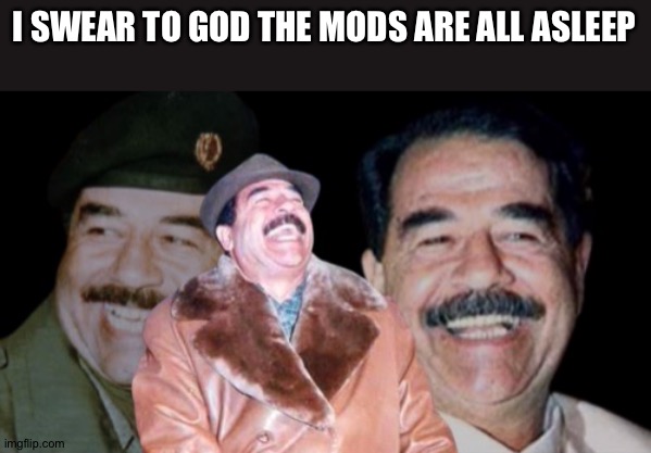 Saddam Hussein Laughing | I SWEAR TO GOD THE MODS ARE ALL ASLEEP | image tagged in saddam hussein laughing | made w/ Imgflip meme maker