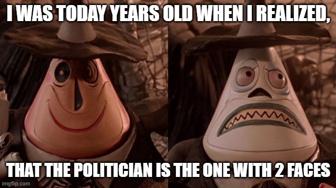 Nightmare Before Christmas Two Face | I WAS TODAY YEARS OLD WHEN I REALIZED, THAT THE POLITICIAN IS THE ONE WITH 2 FACES | image tagged in nightmare before christmas two face | made w/ Imgflip meme maker