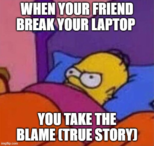 Your friend breaks your laptop | WHEN YOUR FRIEND BREAK YOUR LAPTOP; YOU TAKE THE BLAME (TRUE STORY) | image tagged in angry homer simpson in bed,blame,simpsons,guilty | made w/ Imgflip meme maker