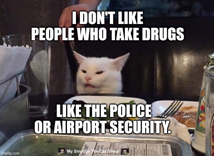 I DON'T LIKE PEOPLE WHO TAKE DRUGS; LIKE THE POLICE OR AIRPORT SECURITY. | image tagged in smudge the cat | made w/ Imgflip meme maker