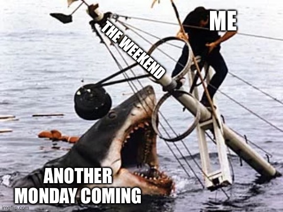 The Weekend | ME; THE WEEKEND; ANOTHER MONDAY COMING | image tagged in shark,jaws,weekend,i hate mondays | made w/ Imgflip meme maker