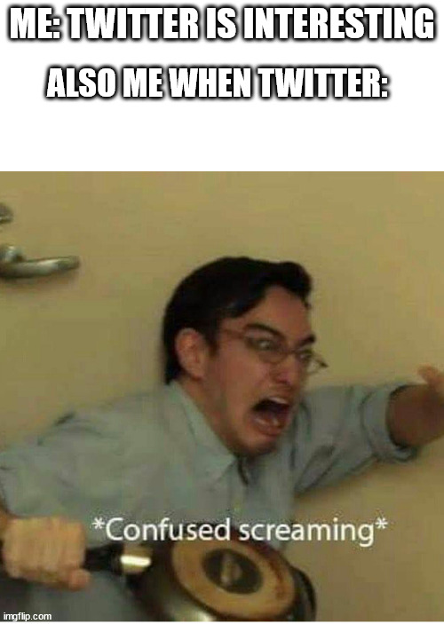 . | ME: TWITTER IS INTERESTING; ALSO ME WHEN TWITTER: | image tagged in confused screaming | made w/ Imgflip meme maker