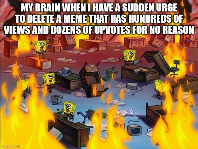 spongebob fire | MY BRAIN WHEN I HAVE A SUDDEN URGE TO DELETE A MEME THAT HAS HUNDREDS OF VIEWS AND DOZENS OF UPVOTES FOR NO REASON | image tagged in spongebob fire | made w/ Imgflip meme maker