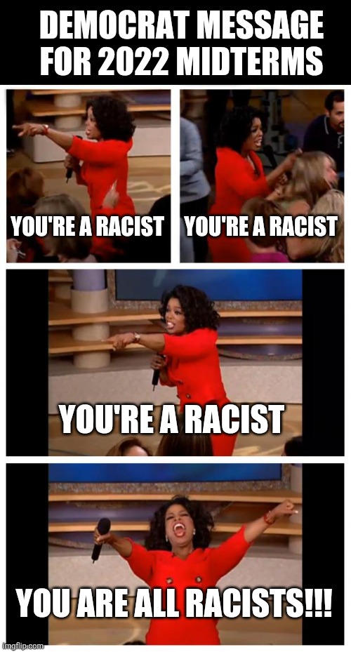 Oprah You Get A Car Everybody Gets A Car Meme | DEMOCRAT MESSAGE FOR 2022 MIDTERMS; YOU'RE A RACIST; YOU'RE A RACIST; YOU'RE A RACIST; YOU ARE ALL RACISTS!!! | image tagged in memes,oprah you get a car everybody gets a car | made w/ Imgflip meme maker