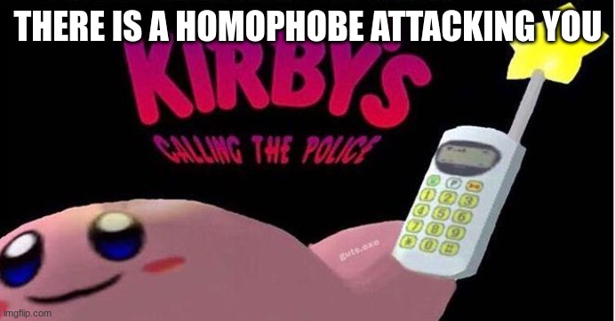 Kirby's calling the Police | THERE IS A HOMOPHOBE ATTACKING YOU | image tagged in kirby's calling the police | made w/ Imgflip meme maker