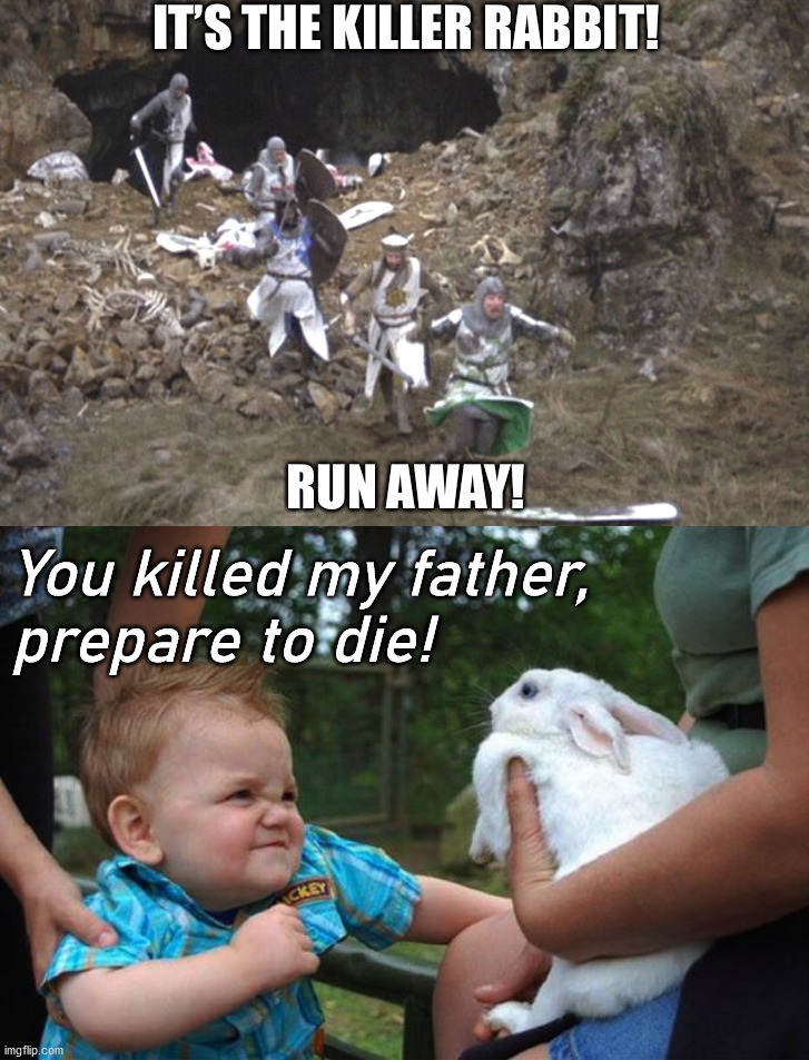 Holy Grail and Princess Bride mashup | You killed my father, 
prepare to die! | image tagged in killer,rabbit,monty python and the holy grail,the princess bride | made w/ Imgflip meme maker