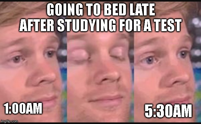 So true | GOING TO BED LATE AFTER STUDYING FOR A TEST; 5:30AM; 1:00AM | image tagged in blinking guy | made w/ Imgflip meme maker