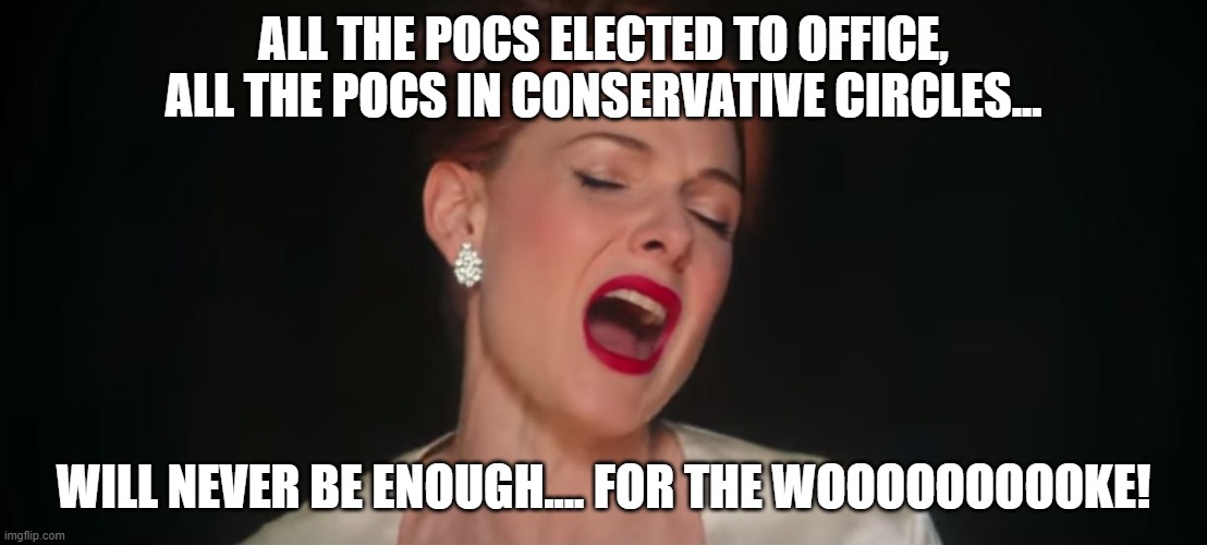 never-enough-the-greatest-showman | ALL THE POCS ELECTED TO OFFICE, ALL THE POCS IN CONSERVATIVE CIRCLES... WILL NEVER BE ENOUGH.... FOR THE WOOOOOOOOOKE! | image tagged in never-enough-the-greatest-showman | made w/ Imgflip meme maker