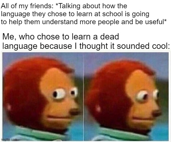 Latin go brrr | All of my friends: *Talking about how the language they chose to learn at school is going to help them understand more people and be useful*; Me, who chose to learn a dead language because I thought it sounded cool: | image tagged in memes,monkey puppet,school | made w/ Imgflip meme maker