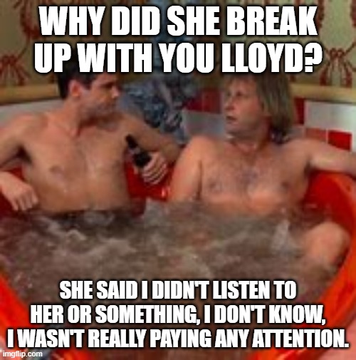WHY DID SHE BREAK UP WITH YOU LLOYD? SHE SAID I DIDN'T LISTEN TO HER OR SOMETHING, I DON'T KNOW, I WASN'T REALLY PAYING ANY ATTENTION. | image tagged in movies,funny,beer | made w/ Imgflip meme maker