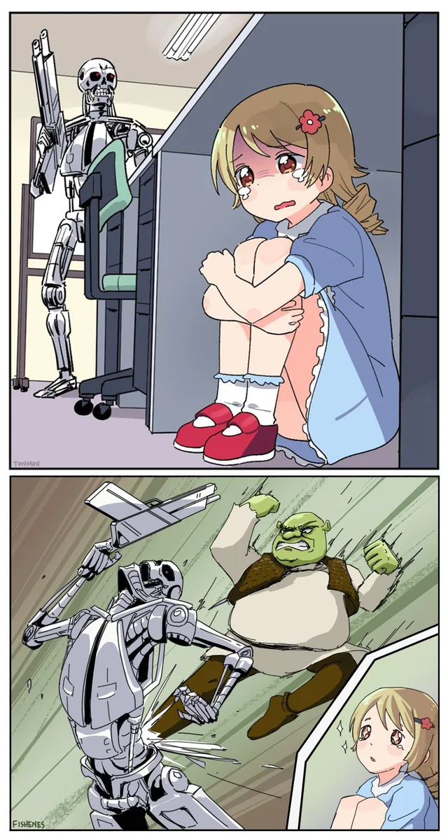 High Quality Shrek obliterating terminator hunting anime girl Blank Meme Template