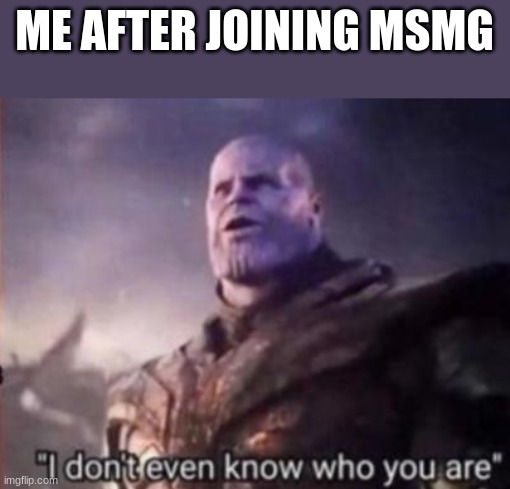 Thanos, I don't even know who you are | ME AFTER JOINING MSMG | image tagged in thanos i don't even know who you are | made w/ Imgflip meme maker