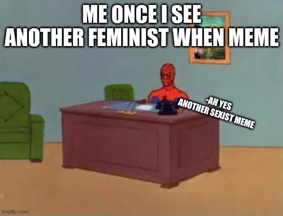 >:( | ME ONCE I SEE ANOTHER FEMINIST WHEN MEME; -AH YES 
ANOTHER SEXIST MEME | image tagged in spiderman at computer desk | made w/ Imgflip meme maker
