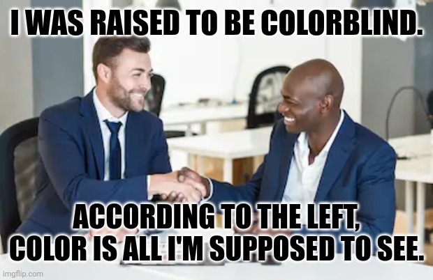 Race Colorblind | I WAS RAISED TO BE COLORBLIND. ACCORDING TO THE LEFT, COLOR IS ALL I'M SUPPOSED TO SEE. | image tagged in race colorblind | made w/ Imgflip meme maker