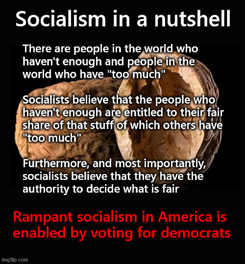 Socialism, and its democrat enablers | Socialism in a nutshell; There are people in the world who 
haven't enough and people in the 
world who have "too much"
 
Socialists believe that the people who
haven't enough are entitled to their fair 
share of that stuff of which others have
"too much"
 
Furthermore, and most importantly, 
socialists believe that they have the 
authority to decide what is fair; Rampant socialism in America is 
enabled by voting for democrats | image tagged in socialism,democrats | made w/ Imgflip meme maker