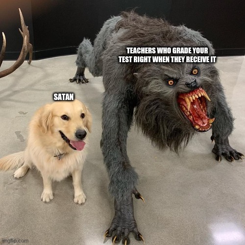 I hate these kinds of teachers. | TEACHERS WHO GRADE YOUR TEST RIGHT WHEN THEY RECEIVE IT; SATAN | image tagged in good dog scary dog,school,test,unhelpful teacher | made w/ Imgflip meme maker