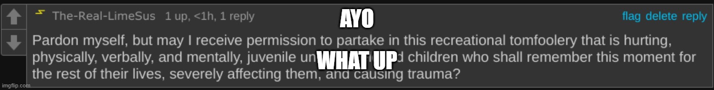 ayo what up | AYO; WHAT UP | image tagged in pardon me but may i beat the child | made w/ Imgflip meme maker