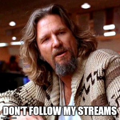 Confused Lebowski Meme | DON'T FOLLOW MY STREAMS | image tagged in memes,confused lebowski | made w/ Imgflip meme maker