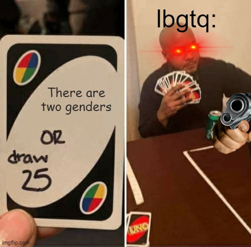 UNO Draw 25 Cards Meme | lbgtq:; There are two genders | image tagged in memes,uno draw 25 cards | made w/ Imgflip meme maker