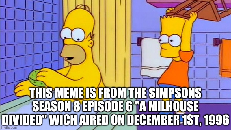 bart hitting homer with a chair | THIS MEME IS FROM THE SIMPSONS SEASON 8 EPISODE 6 "A MILHOUSE DIVIDED" WICH AIRED ON DECEMBER 1ST, 1996 | image tagged in bart hitting homer with a chair,insteresting,facts,the simpsons,tv,anti meme | made w/ Imgflip meme maker