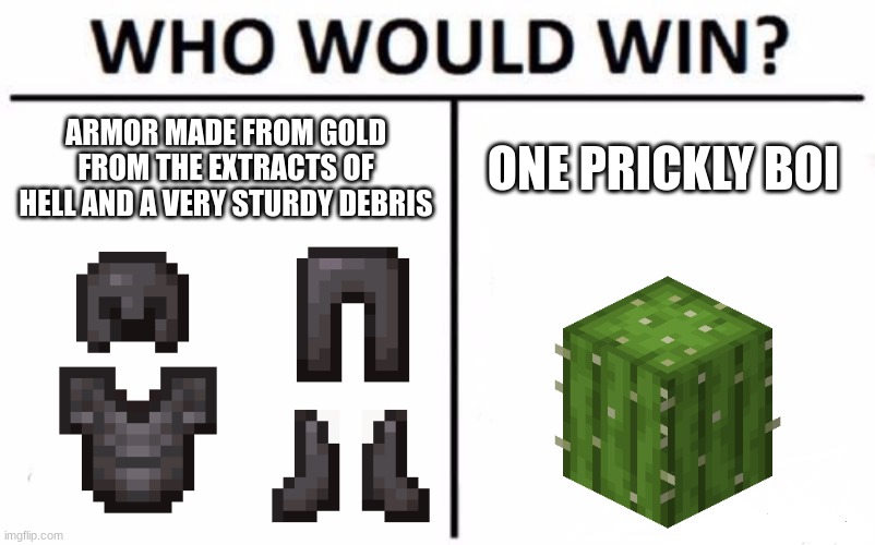 netherite armor in a nutshell basically | ARMOR MADE FROM GOLD FROM THE EXTRACTS OF HELL AND A VERY STURDY DEBRIS; ONE PRICKLY BOI | image tagged in memes,who would win | made w/ Imgflip meme maker