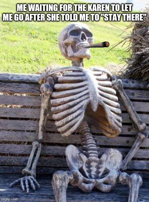 These are Facts | ME WAITING FOR THE KAREN TO LET ME GO AFTER SHE TOLD ME TO "STAY THERE" | image tagged in memes,waiting skeleton | made w/ Imgflip meme maker