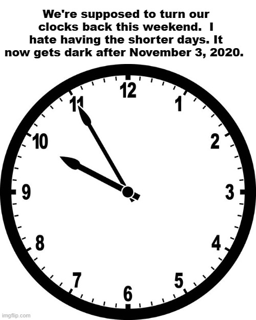 Turning Your Clock Back | We're supposed to turn our clocks back this weekend.  I hate having the shorter days. It now gets dark after November 3, 2020. | image tagged in clock,daylight savings time | made w/ Imgflip meme maker