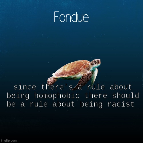 So its A okay to be racist but being homophobic is just not cool? | since there's a rule about being homophobic there should be a rule about being racist | image tagged in turtle template-fondue,im not saying being homophobic is good,im saying why can't there be a rule for being racist | made w/ Imgflip meme maker