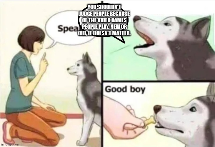 A very good boi | YOU SHOULDN'T JUDGE PEOPLE BECAUSE OF THE VIDEO GAMES PEOPLE PLAY. NEW OR OLD, IT DOESN'T MATTER. | image tagged in good boy | made w/ Imgflip meme maker