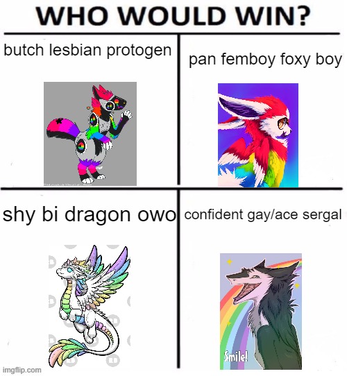 Leave your votes in the comments!!! | pan femboy foxy boy; butch lesbian protogen; shy bi dragon owo; confident gay/ace sergal | image tagged in who would win with 4,uwu,owo,furry,gay pride,coming out | made w/ Imgflip meme maker