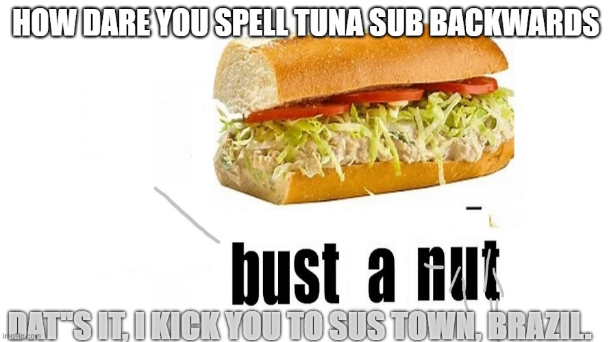 Never try to spell tuna sub backward, worst mistake of my life | HOW DARE YOU SPELL TUNA SUB BACKWARDS; DAT"S IT, I KICK YOU TO SUS TOWN, BRAZIL. | image tagged in memes,sus | made w/ Imgflip meme maker