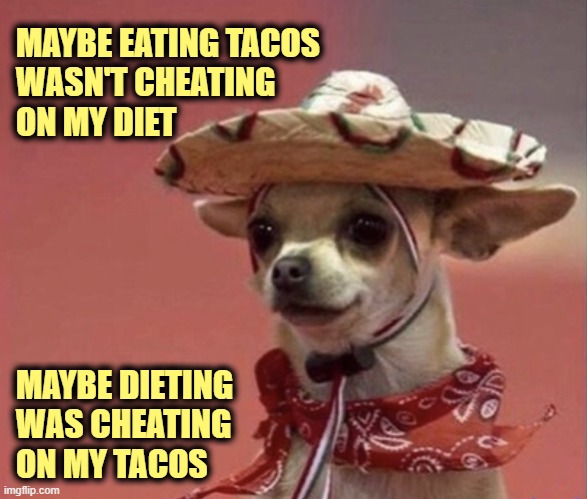What's for lunch? Tacos. | MAYBE EATING TACOS 
WASN'T CHEATING
ON MY DIET; MAYBE DIETING
WAS CHEATING
ON MY TACOS | image tagged in chihuahua in sumbrero,tacos | made w/ Imgflip meme maker