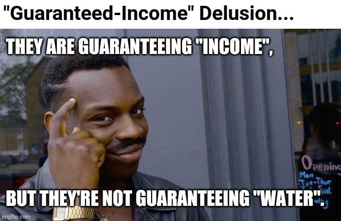 Scam 1: "Offer-The-Public To The-Rich". Scam 2: "Offer-The-Poor Things-Of-The-Rich". | "Guaranteed-Income" Delusion... THEY ARE GUARANTEEING "INCOME", BUT THEY'RE NOT GUARANTEEING "WATER". | image tagged in roll safe think about it,scammers,socialism,social justice warrior,materialism,little red hen | made w/ Imgflip meme maker