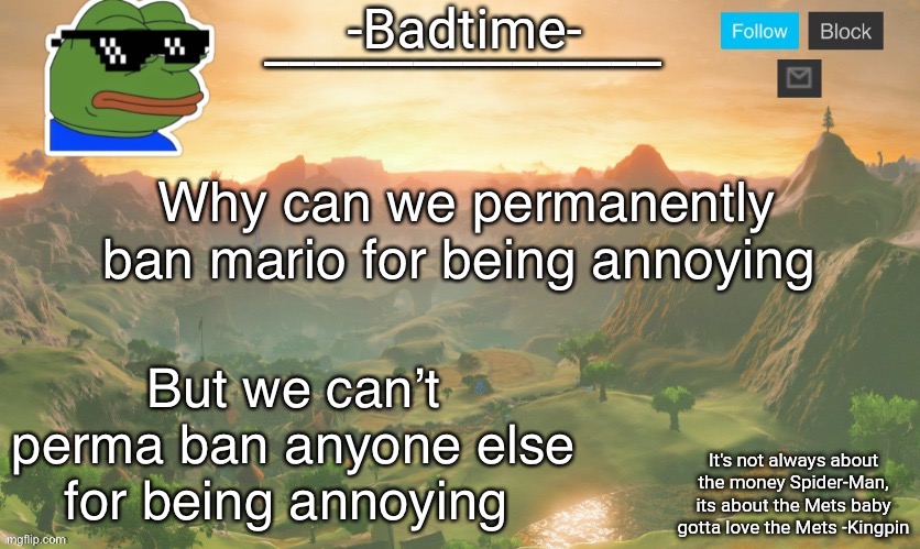 The randomest announcement | Why can we permanently ban mario for being annoying; But we can’t perma ban anyone else for being annoying | image tagged in the randomest announcement | made w/ Imgflip meme maker