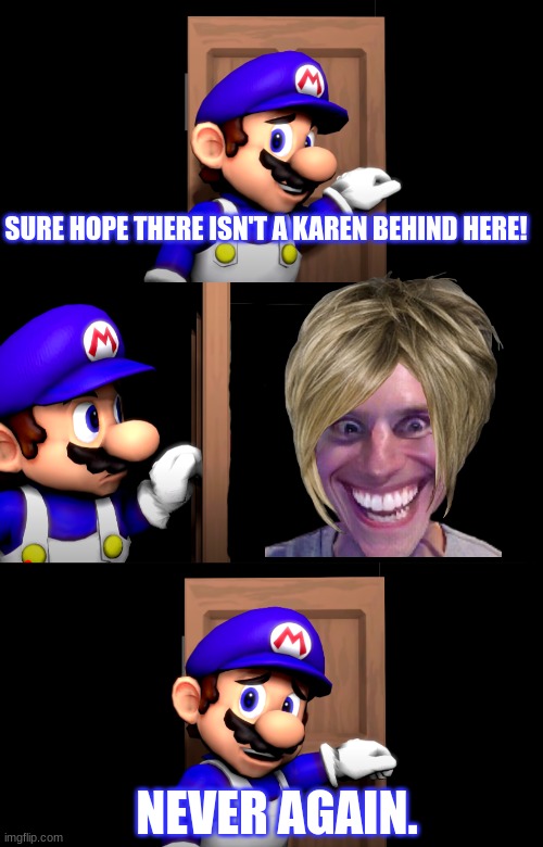 Haha | SURE HOPE THERE ISN'T A KAREN BEHIND HERE! NEVER AGAIN. | image tagged in smg4 door with no text | made w/ Imgflip meme maker