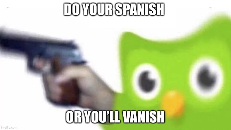 Spanish | DO YOUR SPANISH; OR YOU’LL VANISH | image tagged in duolingo gun | made w/ Imgflip meme maker