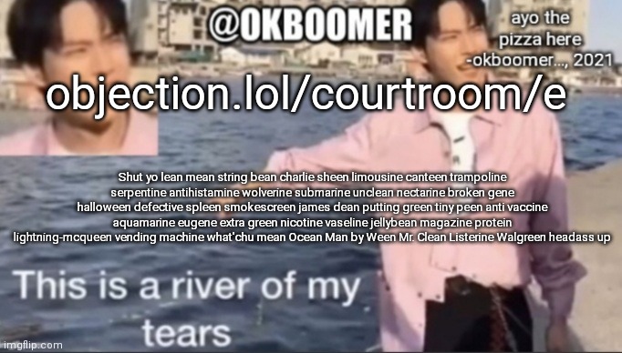 E | objection.lol/courtroom/e; Shut yo lean mean string bean charlie sheen limousine canteen trampoline serpentine antihistamine wolverine submarine unclean nectarine broken gene halloween defective spleen smokescreen james dean putting green tiny peen anti vaccine aquamarine eugene extra green nicotine vaseline jellybean magazine protein lightning-mcqueen vending machine what'chu mean Ocean Man by Ween Mr. Clean Listerine Walgreen headass up | image tagged in e | made w/ Imgflip meme maker
